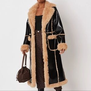 Black Faux Leather Maxi Aviator Coat